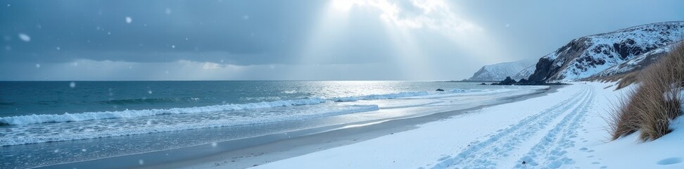 Fototapeta premium Snow-covered Trearddur Bay beach with snowflakes gently falling, snowy, snow, white