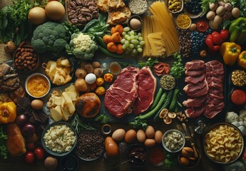 Fototapeta premium Fresh Variety of Ingredients for a Culinary Experience Featuring Meat, Vegetables, Fruits, Grains, Dairy, and Seasonings on a Wooden Surface