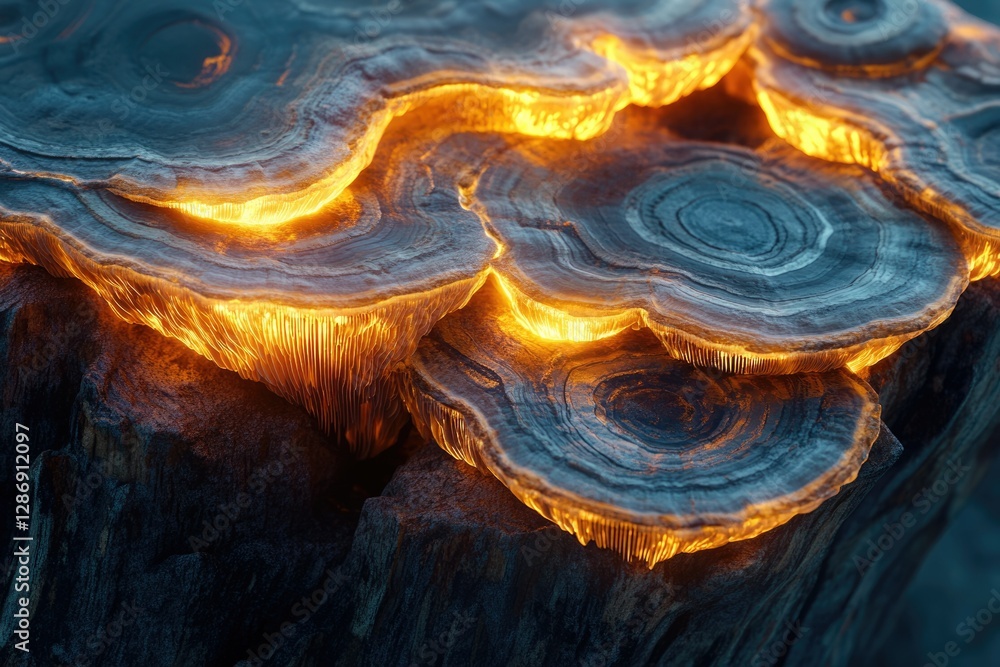 Poster glowing, layered rock formations resembling luminous fungi, showcasing intricate textures and vibran