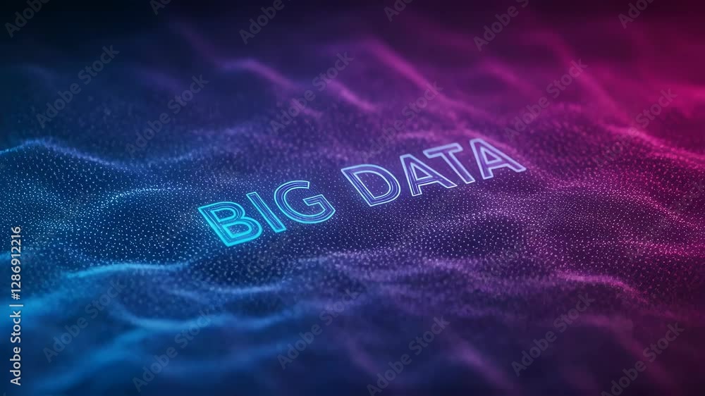 Poster Big data concept visualization. Futuristic digital landscape with glowing text. Abstract technology background. Data analysis and processing representation. Information technology and machine learning