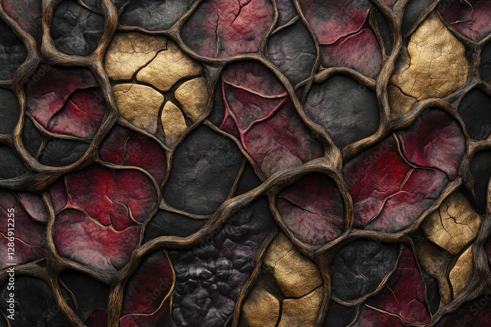 Poster intricate dark stone mosaic with gold accents, resembling veins or roots, creating a textured, fanta