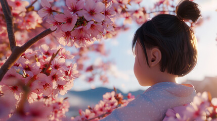 Wrapped in a traditional kimono, a child stands still, mesmerized by the falling sakura petals
