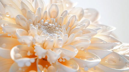 A delicate cream-colored chrysanthemum adorned with glistening water droplets, radiating softness and purity
