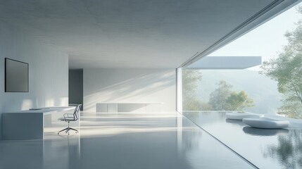 A modern minimalist office space with sleek white desks, ergonomic chairs, and large windows letting in natural light 