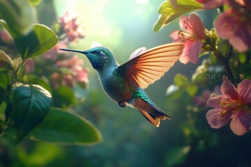 A vibrant hummingbird in flight, wings outstretched, amidst a lush garden of blooming flowers.