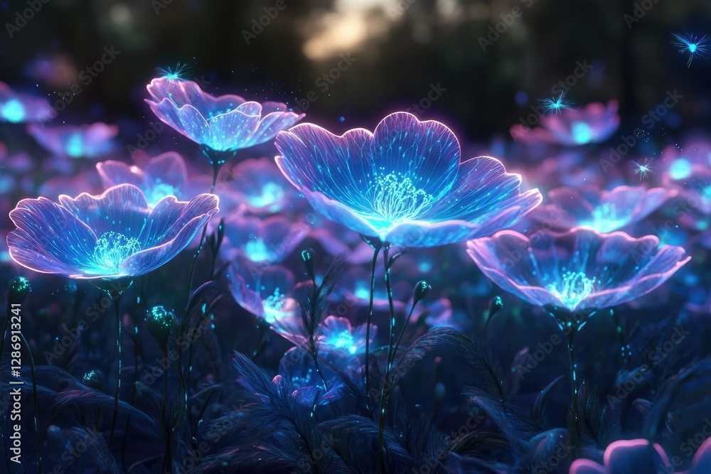 Poster glowing bioluminescent flowers illuminate a dark field at night, creating a magical, ethereal scene.