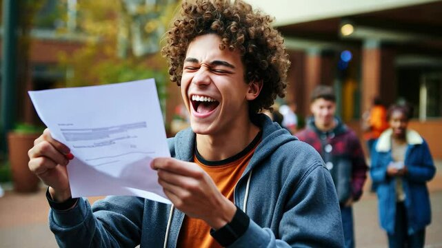 A joyful student celebrates receiving an acceptance letter outside on a sunny day with classmates in the background, marking a significant moment in their academic journey