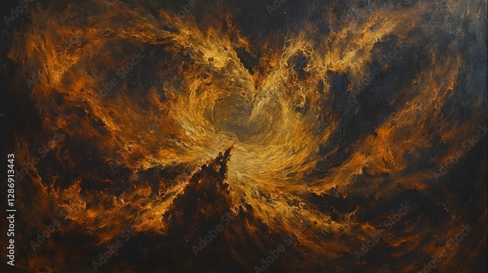 Poster painting of a black and orange nebula with abstract textures and cosmic elements in a surreal compos