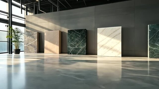 Smooth marble slabs of diverse hues, from creamy beige to rich emerald green, showcased in a minimalist warehouse with clean lines and natural light