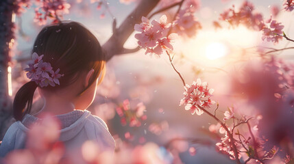 A peaceful spring evening unfolds, where a child admires the beauty of blooming Sakura by the lake
