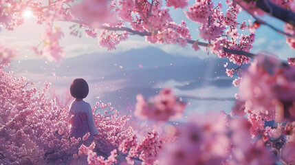 Petals drift gently through the air as the golden sun sets over a tranquil waterside scene
