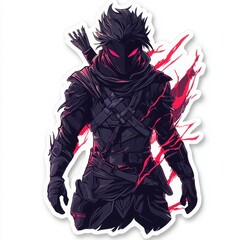 Fototapeta premium Dark fantasy illustration of a male warrior, clad in black armor with glowing red accents. He wields a bow and arrow, his mask concealing his features.