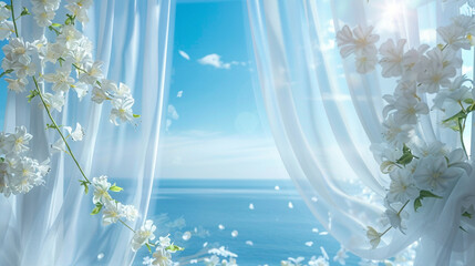 Gentle waves shimmer beyond airy curtains, accompanied by drifting petals and a soft morning glow
