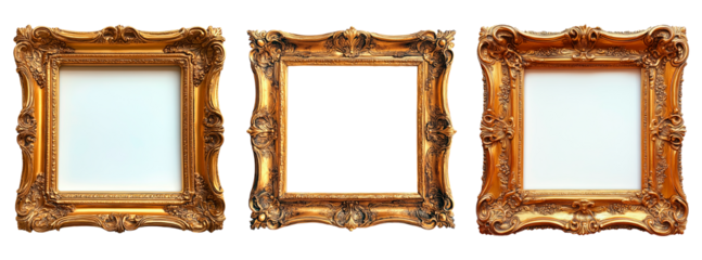 Set of empty gold ornate picture frame isolated on transparent background