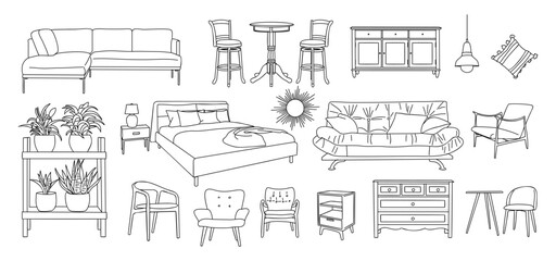 Collection of elegant modern furniture and home interior decorations in trendy Mid Century modern retro 70s style hand drawn black sketch isolated on white background. Monochrome vector illustration.