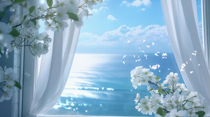 A dreamy coastal morning with soft curtains swaying and flower petals drifting on the wind
