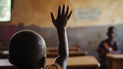Boy raises his hand in a dimly lit classroom, eager to answer. The focused student is silhouetted against the background.