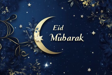 Naklejka premium A Festive Eid Mubarak Design With A Dark Blue Background Featuring Intricate Floral Patterns And A Central Crescent Moon With Elegant Text On A Ribbon