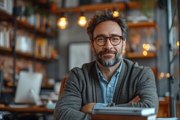 Obraz premium A man with a beard and glasses sits comfortably in a well-decorated office filled with books. Soft, warm lights create a welcoming atmosphere as he smiles confidently
