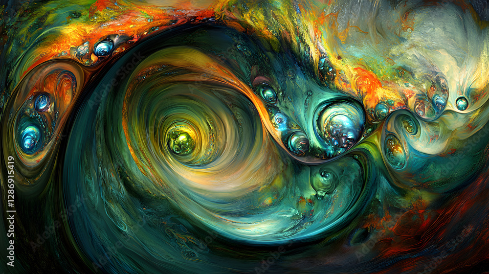 Poster abstract painting of a spiral vortex with vibrant colors and tulip elements in a dynamic composition