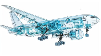 Futuristic aircraft design  x ray view showcasing interior, engine, and wing structure details