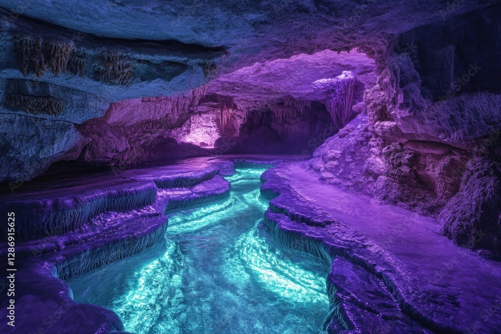 Poster enchanted subterranean river flowing through a mystical cave, illuminated with vibrant purple and te