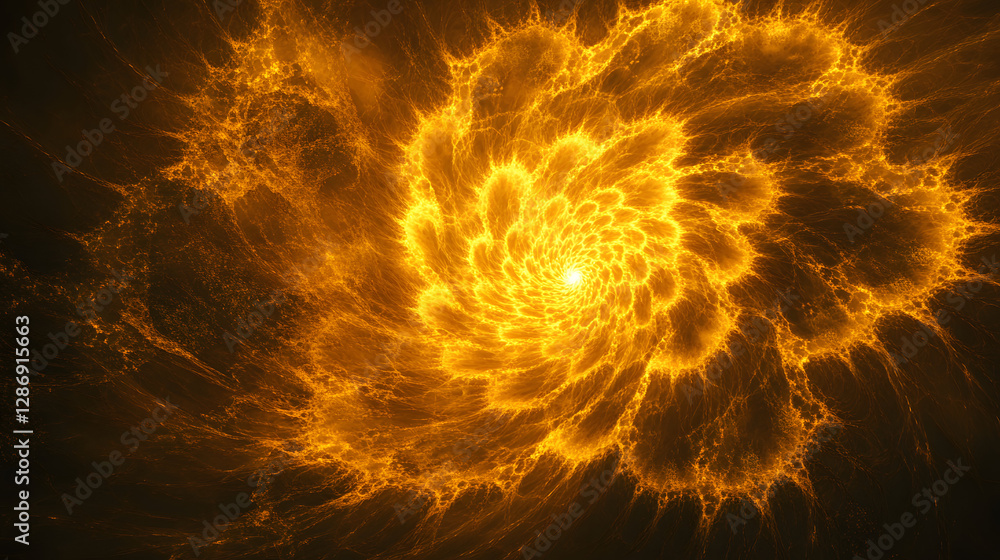 Poster intense abstract image featuring a yellow explosion of fire with dynamic swirling patterns and textu