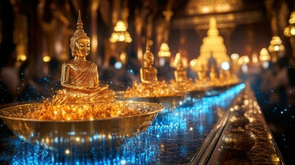 Obraz premium Golden Buddha statues in temple, illuminated by light