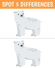 Cute polar bear in cartoon style. Find 5 differences. Educational matching animal game for children. Printable worksheet with solution for school and preschool.