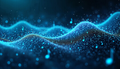 Abstract Blue Music Wave Glowing Particles and Musical Notes Background
