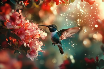 A vibrant hummingbird hovers near delicate pink flowers, bathed in soft sunlight and sparkling water droplets.