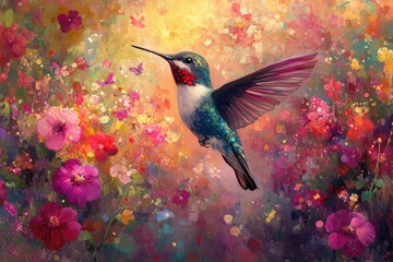 Naklejka premium A vibrant hummingbird hovers amidst a breathtaking garden of colorful flowers, a stunning display of nature's artistry.