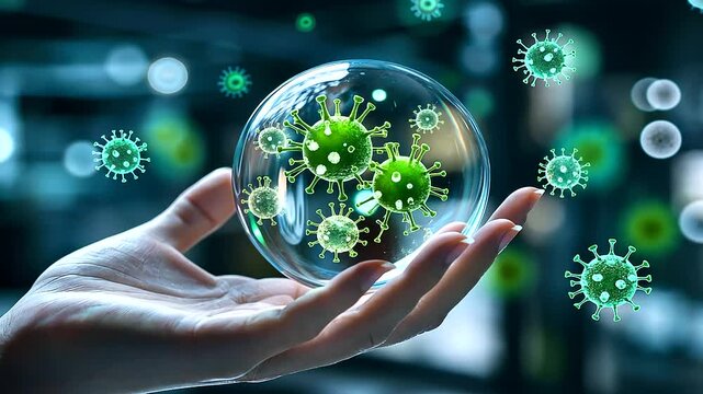 A hand reaching out, holding a transparent sphere filled with dynamic digital bacteria, surrounded by holographic icons representing nutrition and health science