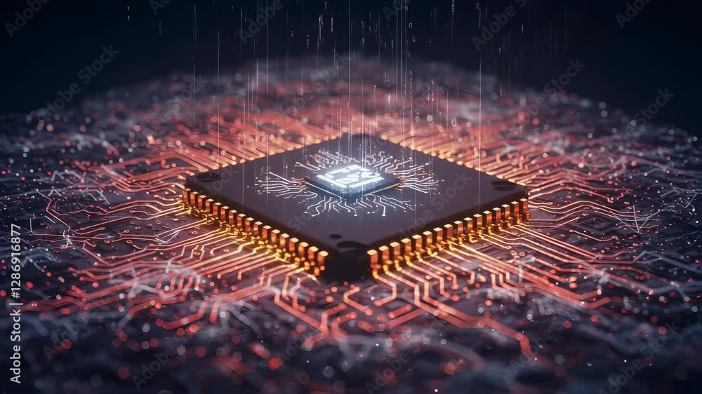 Poster Futuristic microchip with glowing circuits. Advanced computer processor on digital network. Artificial intelligence technology concept. Data processing and machine learning visualization