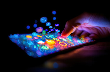 Fototapeta premium Vibrant Neon Smartphone App Icons, Finger Touching Screen, Nighttime