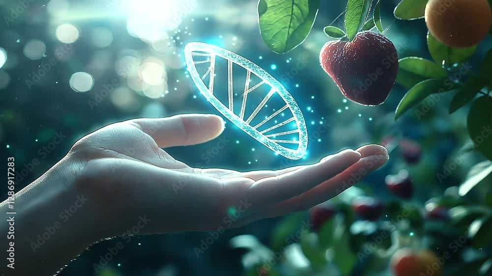 Poster a glowing bacteria cluster hovering above a hand, surrounded by dynamic visuals of dna helices, frui