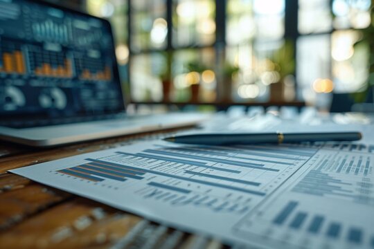 On a rustic wooden desk, detailed financial reports filled with graphs and charts are spread out, with a laptop displaying data analysis in a contemporary office setting illuminated by natural light