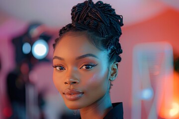 A young woman with stylish braided hair showcases her beauty while posing in a colorful studio environment. The backdrop features warm lighting, enhancing her radiant complexion
