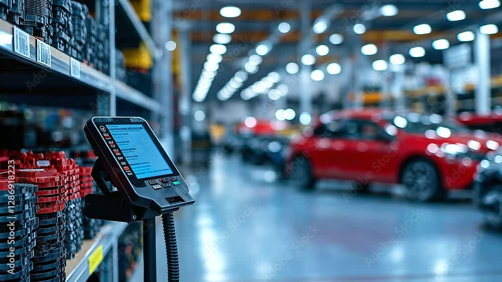 Poster a modern inventory system with auto parts displayed on labeled racks, featuring a digital scanner in