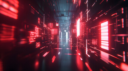 Long hallway illuminated by red lights with a black floor creating a modern abstract atmosphere
