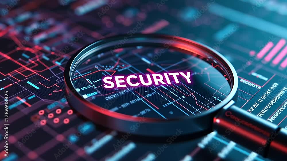Poster a magnifying glass focusing on the word security in a digital report, overlaid with holographic grap