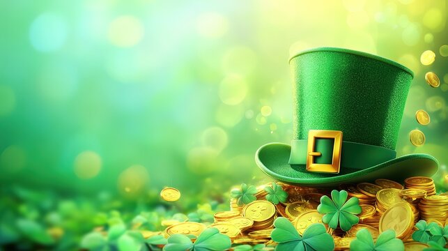 Leprechaun hat and clover leaves on green glitter background, space for text. St Patrick's Day celebration
