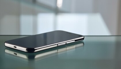 유리 테이블 위에 스마트폰이 놓여 있다