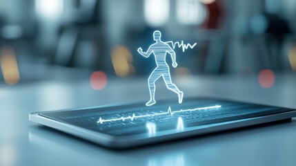 A digital illustration of a holographic human figure running, projected from a tablet with a heartbeat line on