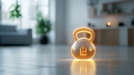 A glowing kettlebell with a house icon stands in a modern, minimalist living room.