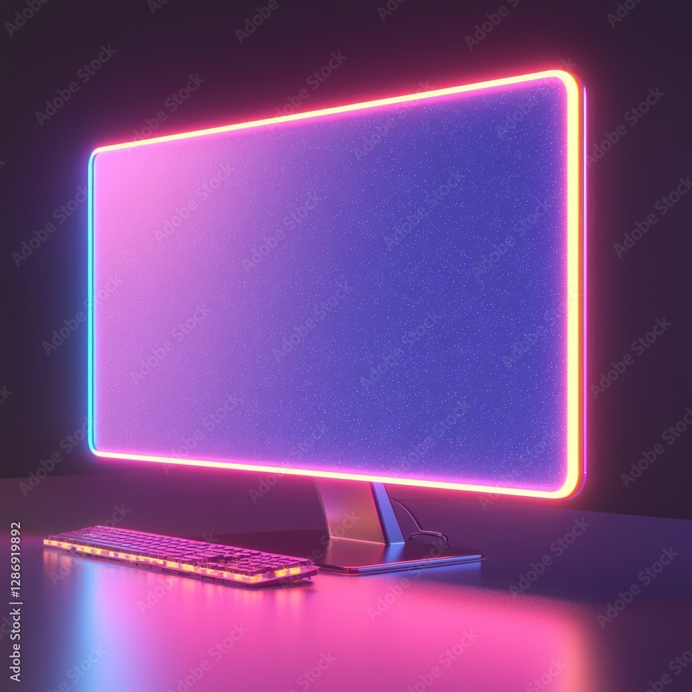 Poster neon computer display with keyboard and vibrant colors for gaming