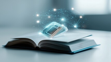 A glowing digital book icon hovers above an open physical book, surrounded by a network of connected dots, sym