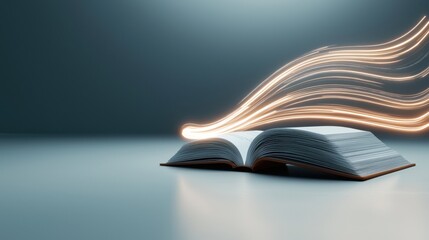 An open book with glowing light trails emerging from its pages, symbolizing the spread of knowledge and ideas.