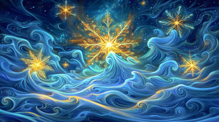 Obraz premium Painting of a blue and yellow star in the sky above tulips in a vibrant landscape