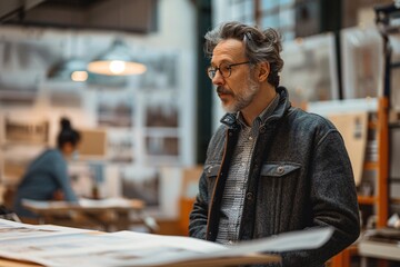 A man with glasses examines architectural plans while standing at a table in a design studio. In the background, a woman works diligently on a project, contributing to a creative atmosphere